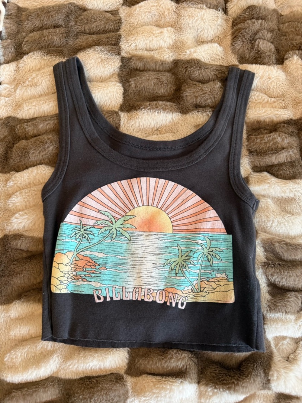 Billabong Black Crop Tank with Sunset Surf Graphic